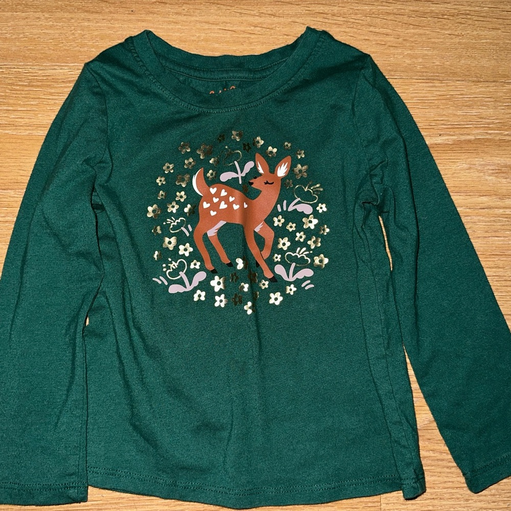 Cat & Jack Forest Green Long Sleeve Tee with Deer Design
